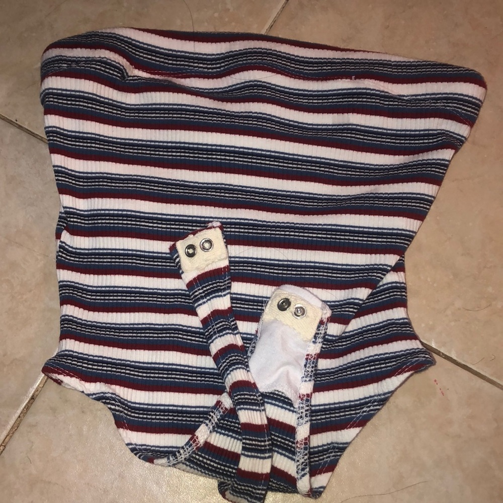 Light blue, red, white strapless body suit